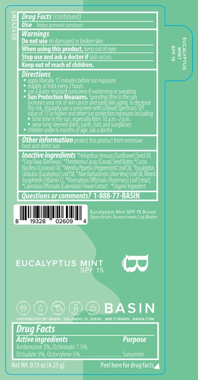 Basin Eucalyptus Mint Spf 15 Broad Spectrum Sunscreen Lip Balm 0.15 Oz Label (Lm34245d Pl 130s Basin Eucalyptus Mint Spf 15 Broad Spectrum 2025 1 27 Ol)